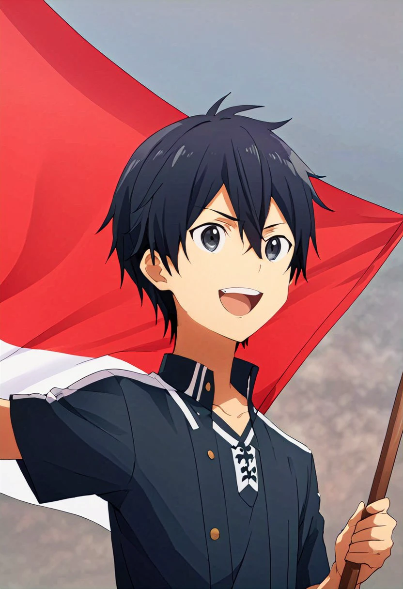 high resolution, solo, best quality, 1Boy, Kazuto Kirigaya, Black Hair, Black Eyes, Holding Indonesian flag, joyful, patriotic, spirited,