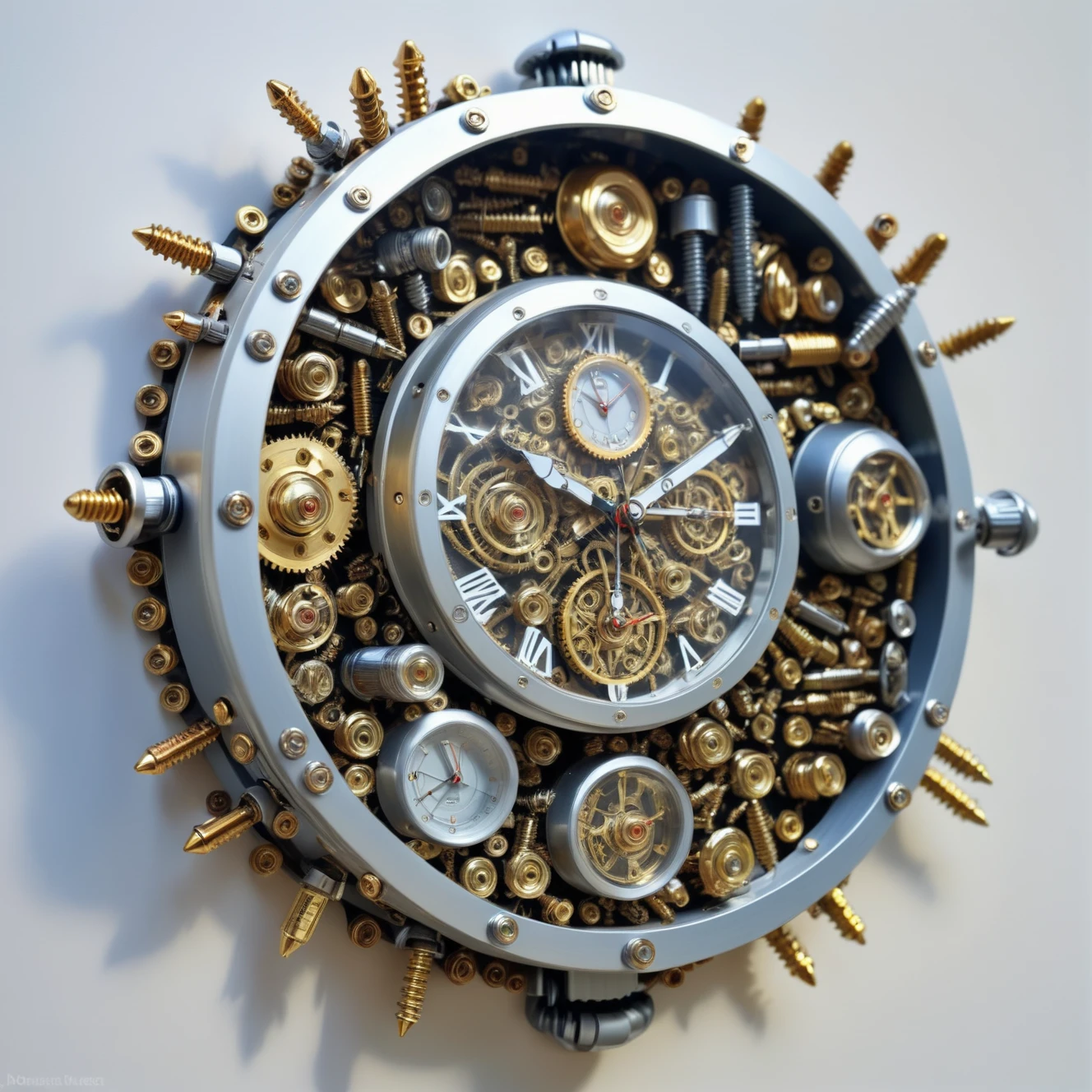 a wall watch made out of Jed-Screws, photorealistic, full of details, detailed screws,   <lora:SteelScrewsStyle-000006:0.7>