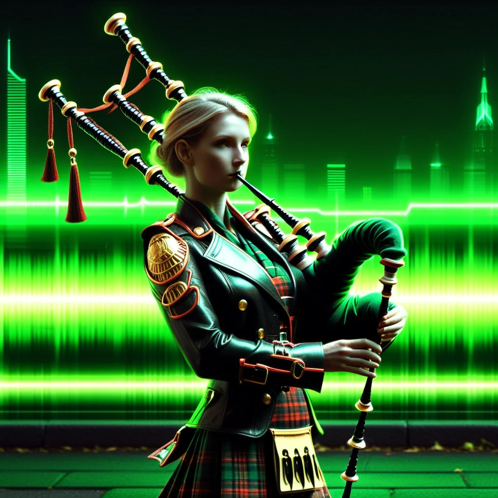 woman, bagpipes, neon, soundwaves, cool, realistic, music, album cover, abf_cover <lora:ABF_AlbumCover_2:1.1>, realistic,  <lora:add-detail-xl:.4>, green, park