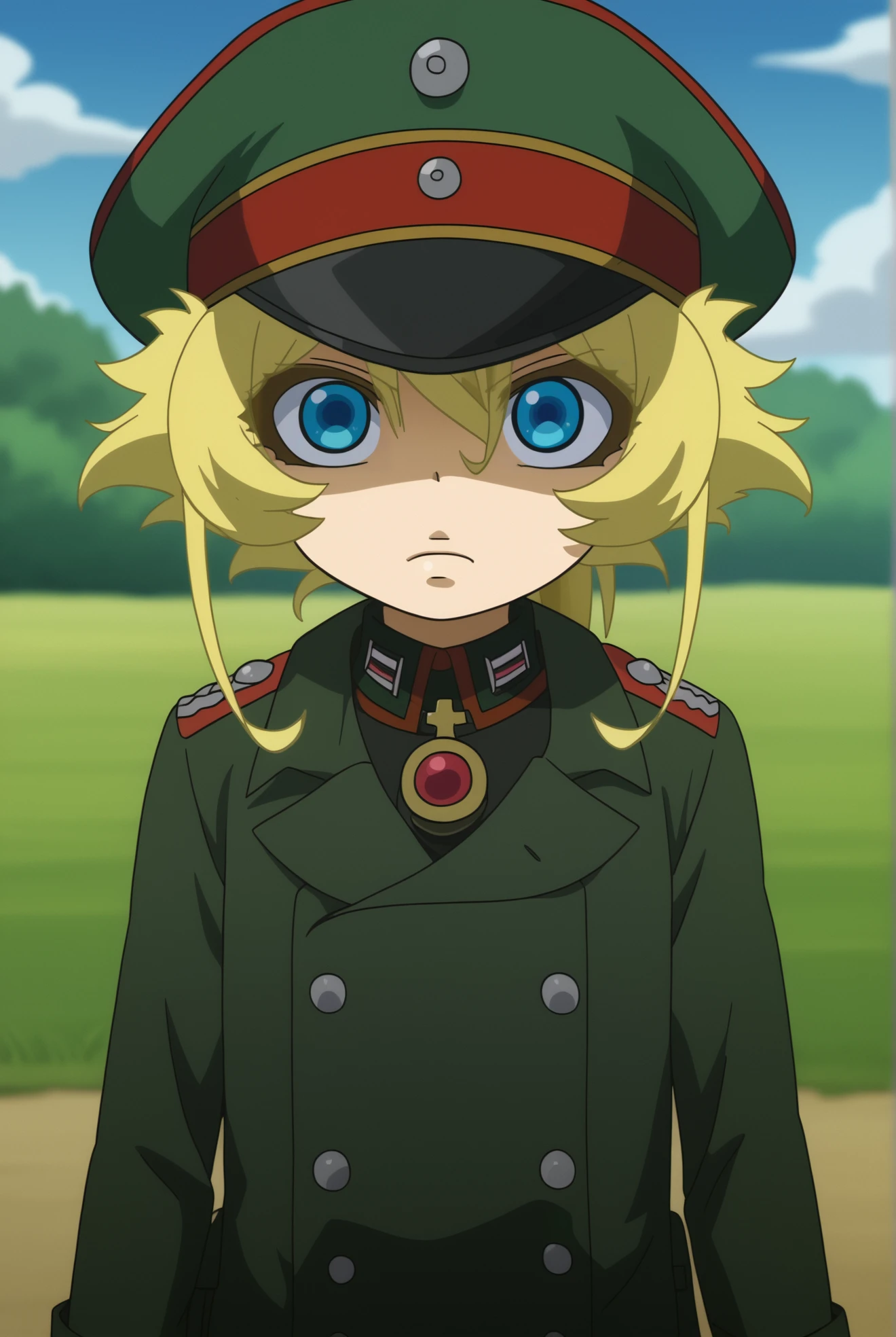 <lora:Tanya_Degurechaff:0.8>, outdoors, Tanya Degurechaff, 1girl, solo, looking at viewer, long sleeves, gloves, hat, closed mouth, upper body, black gloves, coat, uniform, buttons, military, military uniform, shaded face