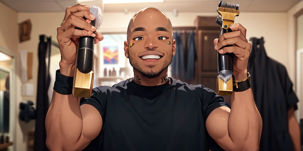 (masterpiece), best quality, expressive eyes, perfect face, overweight but muscular frame, black tattoos on arms, forearms and hands, gold jewelry around neck, black pants, Black t-shirt, 33-year-old Black Hispanic Barber, muscular frame, Baggy black pants, bald, shaved head, friendly smile, in a 2220s Barber Shop, <lora:830929f4-ccdc-465a-9731-5bd9822d565b:0.7>