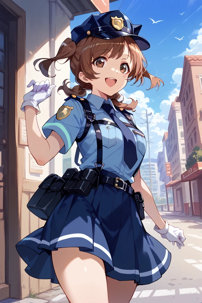 score_9, score_8_up, score_7_up, score_6_up, 1girl,
 <lora:Karen_Aijo:0.9> karen, brown hair, gloves, brown hair, skirt, hat, uniform, solo, twintails, necktie, white gloves, brown eyes, smile, police, open mouth, outdoors