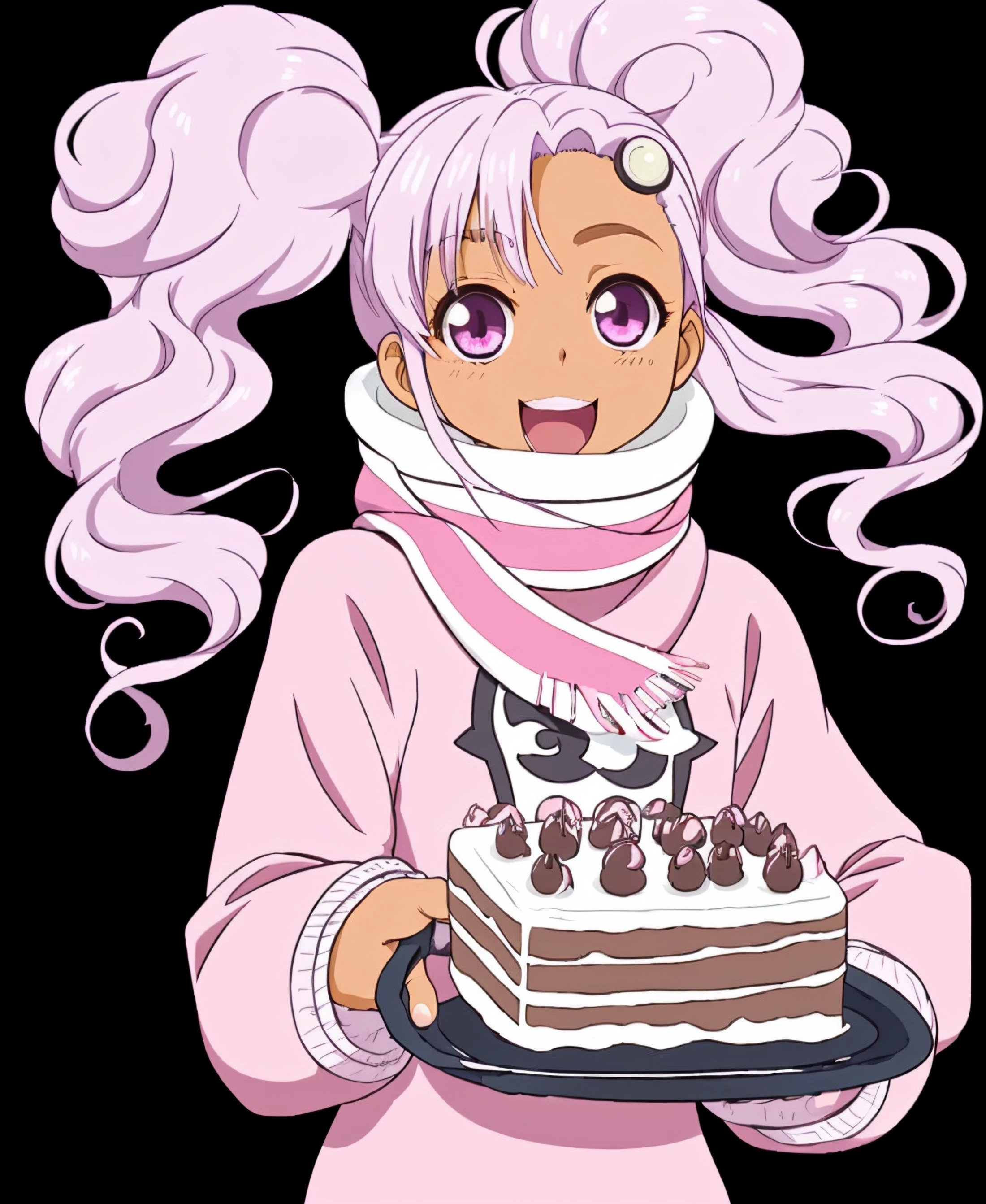 1girl, happy anime face, meredy, (hair:1.3), person, pink, scarf, holding a cake, <lora:TOEMeredy:0.66>