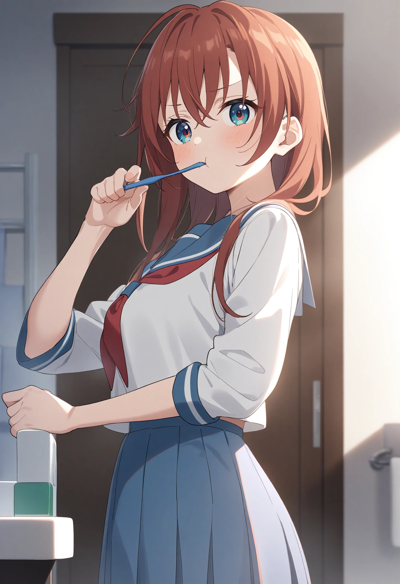 1girl,sincos, ningen mame, toosaka asagi,solo,medium breasts,school uniform,
brushing teeth,toothbrush in mouth,indoors, closed mouth, bathroom, mirror, <lora:brushingteeth_XL_v1:0.8>
from side, wide shot, looking to the side, orange hair, brown eyes,smug face, hime cut hair,,
best quality, very aesthetic, absurdres