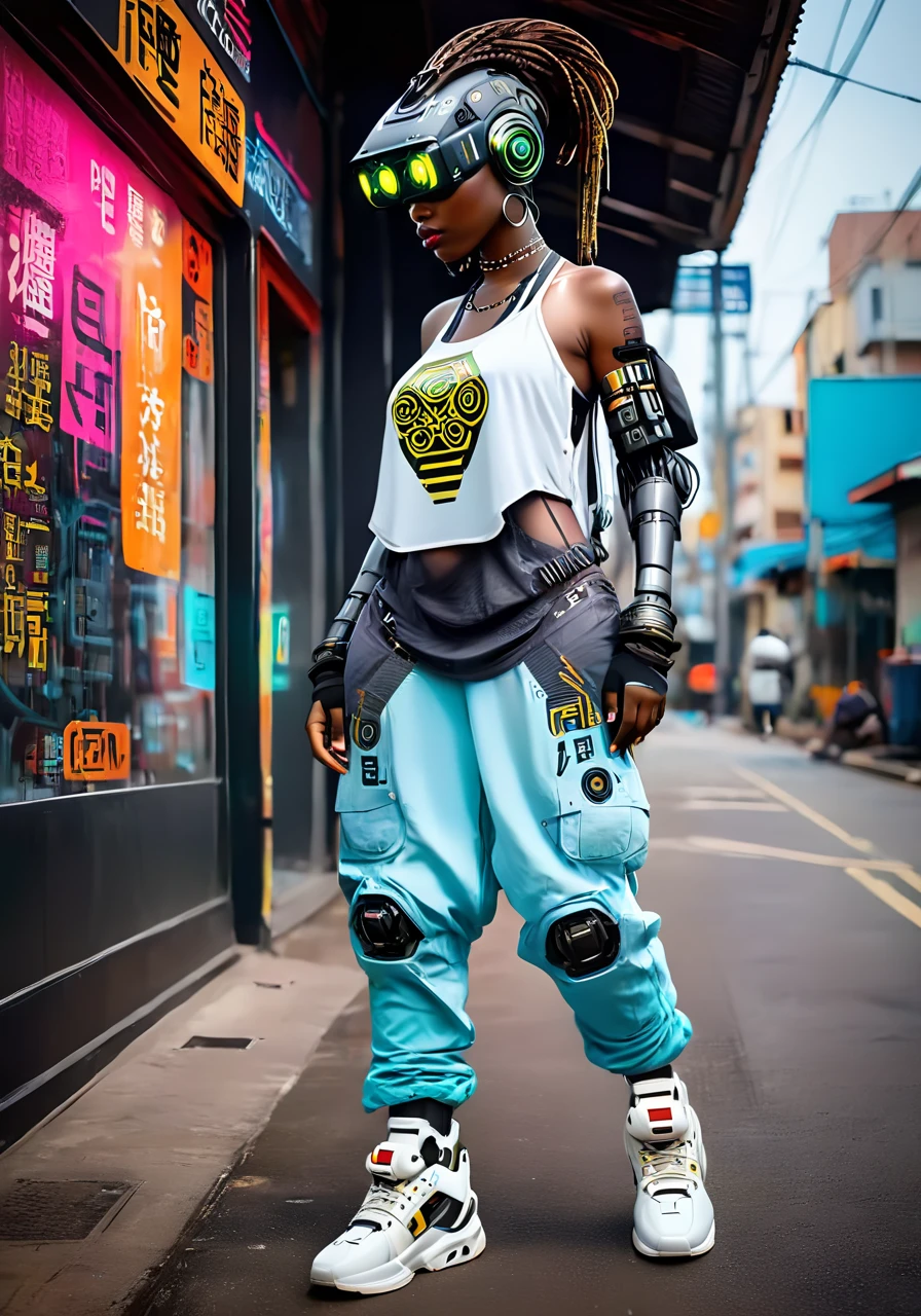 an african woman with cybernetic robot head, <lora:excybertechsdxl:1>, excybertechsdxl, best quality, masterpiece, cyborg, mechanical parts, cyberpunk outfit, braids, glowing eyes, full body, baggy pants, sneakers, dynamic pose,