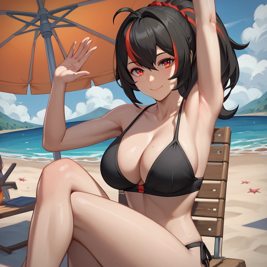 score_10, score_9, score_8_up, score_7_up, best quality, master piece, zPDXL2,  <lora:Zhu_Yuan_ZZZ:0.8> Zhu Yuan, high ponytail, large breasts, waving, smile, 1 girl, solo, looking at viewer, black bikini, outdoors, beach, sitting, beach chair, arms up, stretching, bent leg, cleavage, bare arms, no headwear, no earrings, no headdress,