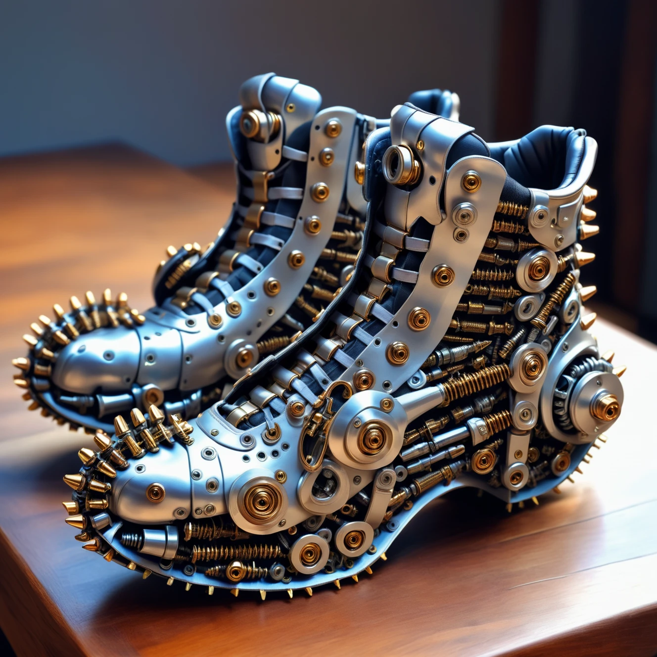 a pair of shoes made out of Jed-Screws, photorealistic, full of details, detailed screws,   <lora:SteelScrewsStyle-000006:0.7>