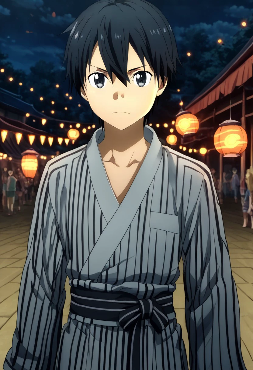 high resolution, solo, best quality, 1Boy, Kazuto Kirigaya, Black Hair, Black Eyes, Wearing festival yukata, cheerful face, glowing lantern background.,