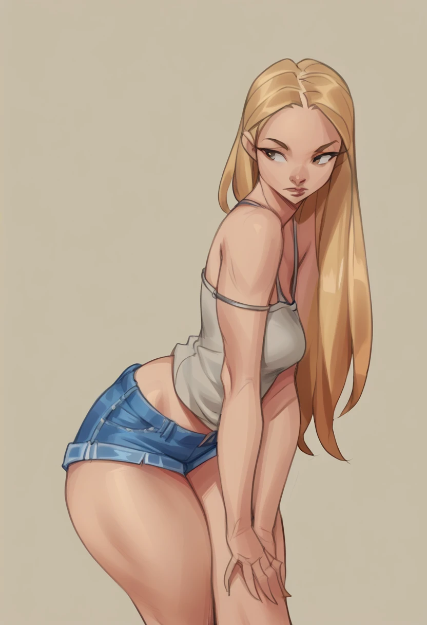 1girl, long hair, blonde hair, 
leaning forward, thighs, camisole, denim shorts, simple background, upper body, 
<lora:inputwo_v0.5-pony:1>