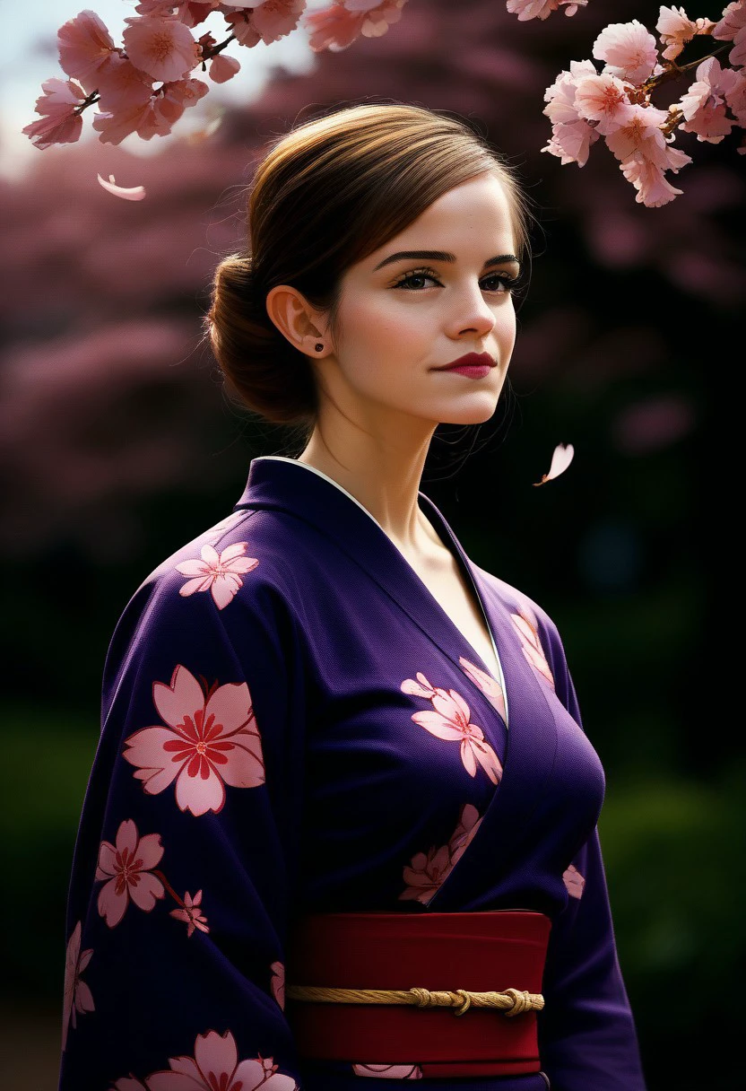 score_9, score_8_up, score_7_up, score_6_up, realistic, face of a woman dressed in a long kimono, bakcground a cherry blossom,emxwatson,