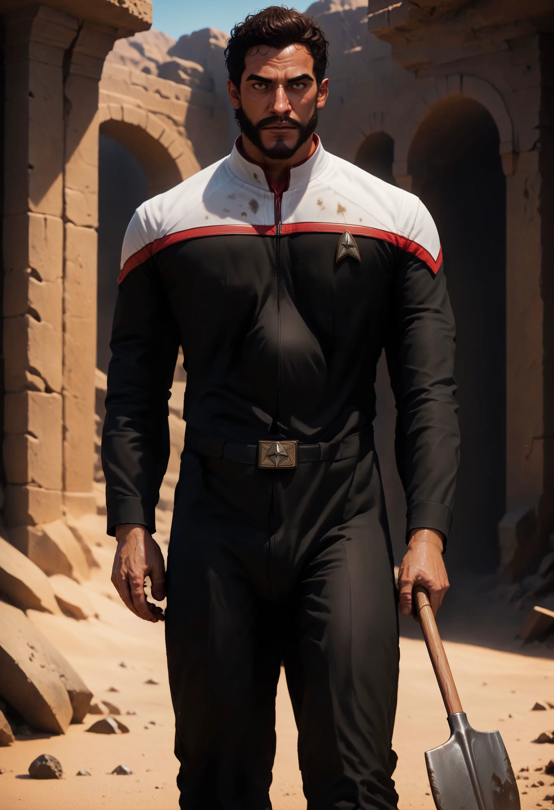 core_9, score_8_up, score_7_up, score_6_up, 1boy,older male,latino,messy golden hair,beard,unkempt beard,messy beard,wild,sweaty,muscular,bulky,buried ruins,
,desert,shovel,digging,
stoddunf,star trek uniform,black jumpsuit,white shoulders
,<lora:STOdysPony>