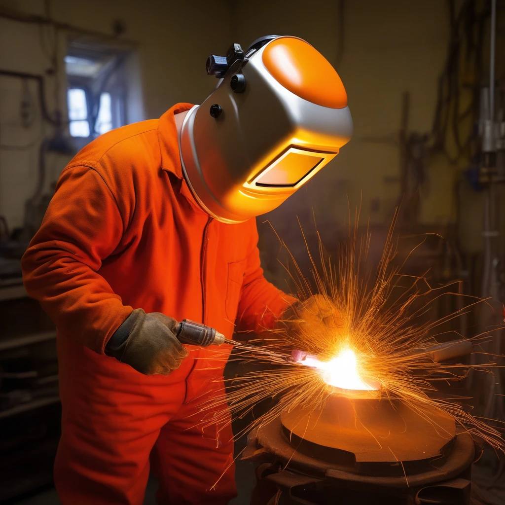 man in an orange welder_mask on his head holds an electrode holder in his raised hand above his head, a bright electric arc burns at the end of the electric gas burner,