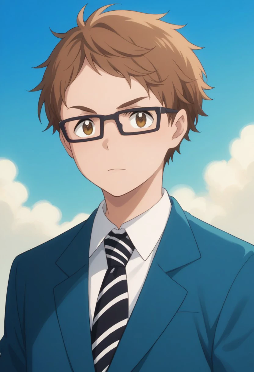 score_9, score_8_up, score_7_up, source_anime, highly detailed, 
toma, 1boy, male focus, glasses, school uniform, necktie, brown hair, brown eyes,
solo, jacket striped blazer, striped necktie, upper body
outdoor, sky,