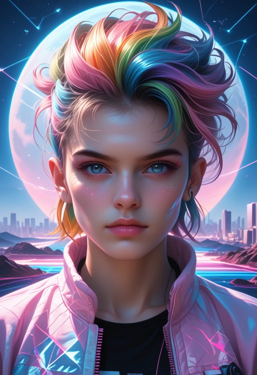 ,1girl, extremely detail beauty, wild hair , two tone hair, rainbow hair, vaporwave, (pastel), synthwave, city punk, constellation, crescent_moon, crown, dust, embers, rim lighting, side lighting,  upper body, pov  , hyperrealism, portrait photography, specular highlights, studio lighting, studio photography, 8k , y 8k wallpaper, ultra detailed, beautiful and aesthetic, High quality, beautiful, masterpiece, best quality, realistic BREAK  PonyXLV6_Scores