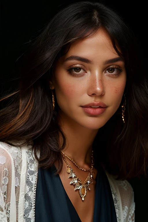 Embroidered kimono over a lace slip dress with ankle boots and layered necklaces. a breathtaking fashion photo:1.3 of  a beautiful woman <lora:MarianaNunes:1>, brown eyes, black hair, long hair, realistic, freckles, portrait, looking at the viewer, fill lighting, atmospheric, (simple background), High dynamic range, vivid, rich details, realistic, intense, enhanced contrast, highly detailed, 8k, 35mm prime lens, award-winning, professional, official balmain editorial, style of Helmut Newton:1.3, upper body shot, fcDetailPortrait SkinHairDetail