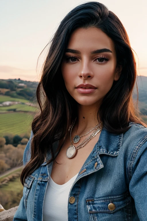 T-shirt dress with a statement necklace, denim jacket, and espadrilles. a breathtaking analog fashion photo:1.3 of  a beautiful woman <lora:SofiaSymonds:1>, brown eyes, black hair, long hair, realistic, portrait, looking at the viewer, fill lighting, atmospheric, on the (countryside:1.3) in Italy, High dynamic range, vivid, rich details, realistic, intense, enhanced contrast, highly detailed, 8k, 35mm prime lens, award-winning, professional, official balmain editorial, style of Tyler Shields:1.3, close-up