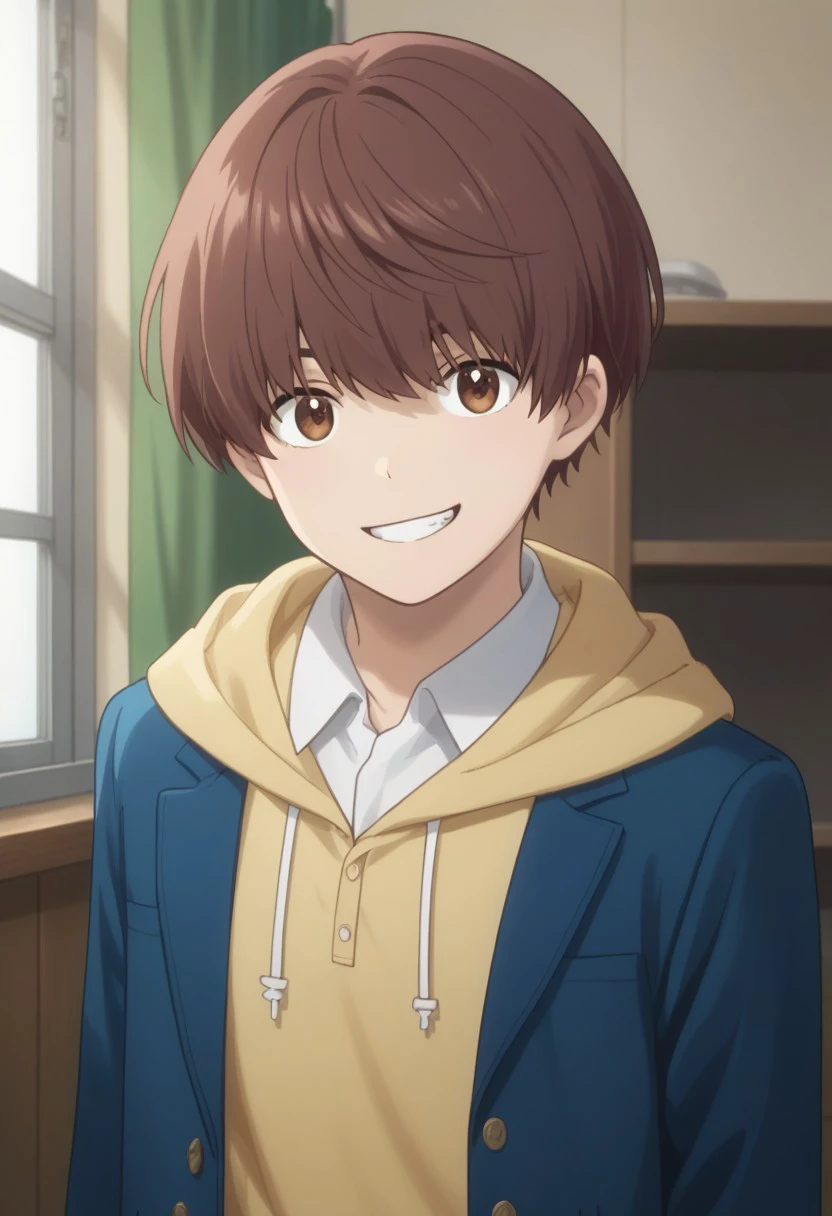 score_9, score_8_up, score_7_up, source_anime, highly detailed, 
itsuki, 1boy, male focus, brown hair, solo, brown eyes, looking at viewer, smile, grin, hood,
hoodie, jacket, blue jacket, upper body, yellow hoodie, shirt, school uniform, 
short hair, white shirt, indoors,