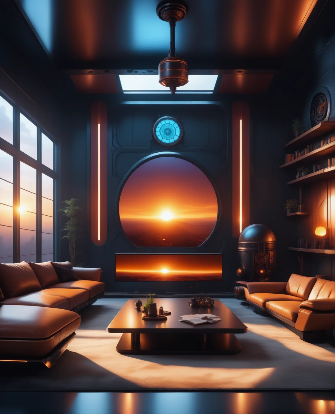 a  reij-ebsu living room, sunrise shines, retro sci fi steampunk <lora:ebony sunset-000001:1>