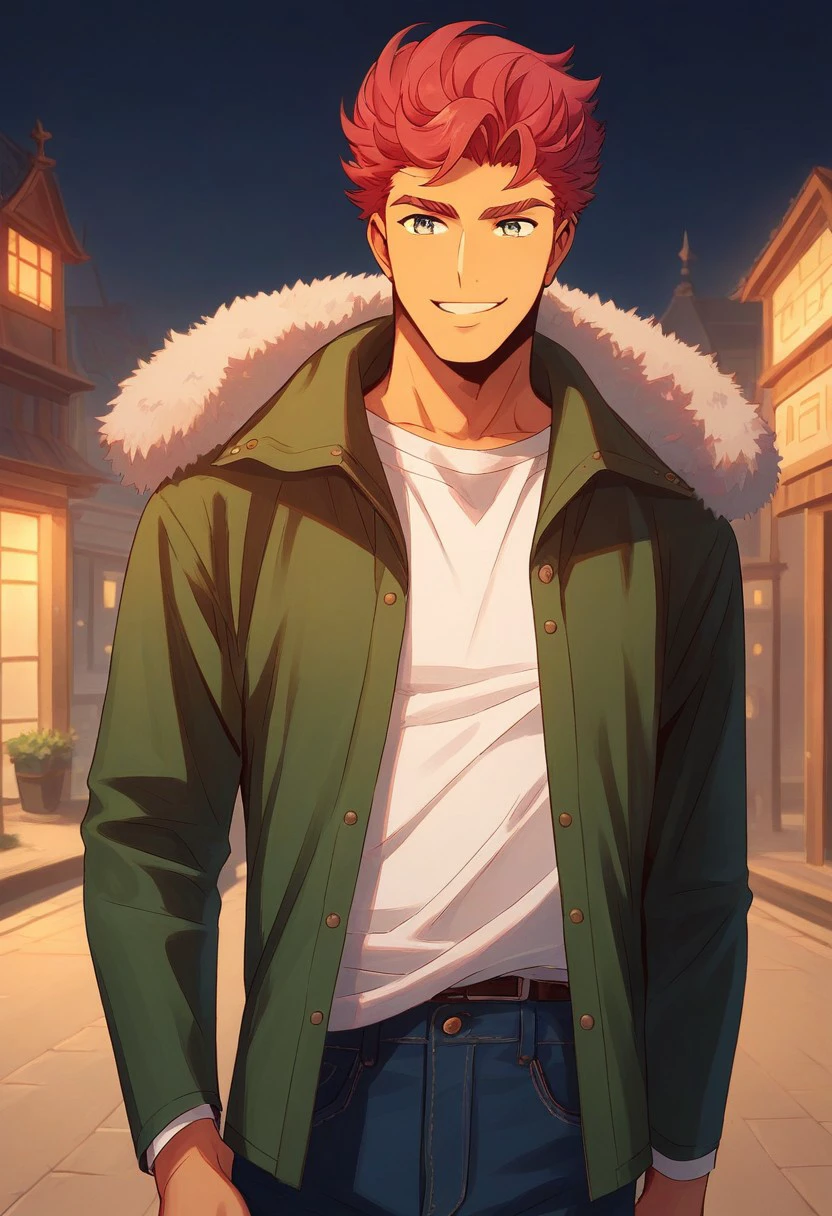 , score_9, score_8_up, score_7_up, masterpiece, , line art, anime,, detailed, <lora:Expressive_H:0.45> Expressiveh, Danji_Moyomama, male, trenchcoat, fur trim, white shirt, jeans, smile, outside