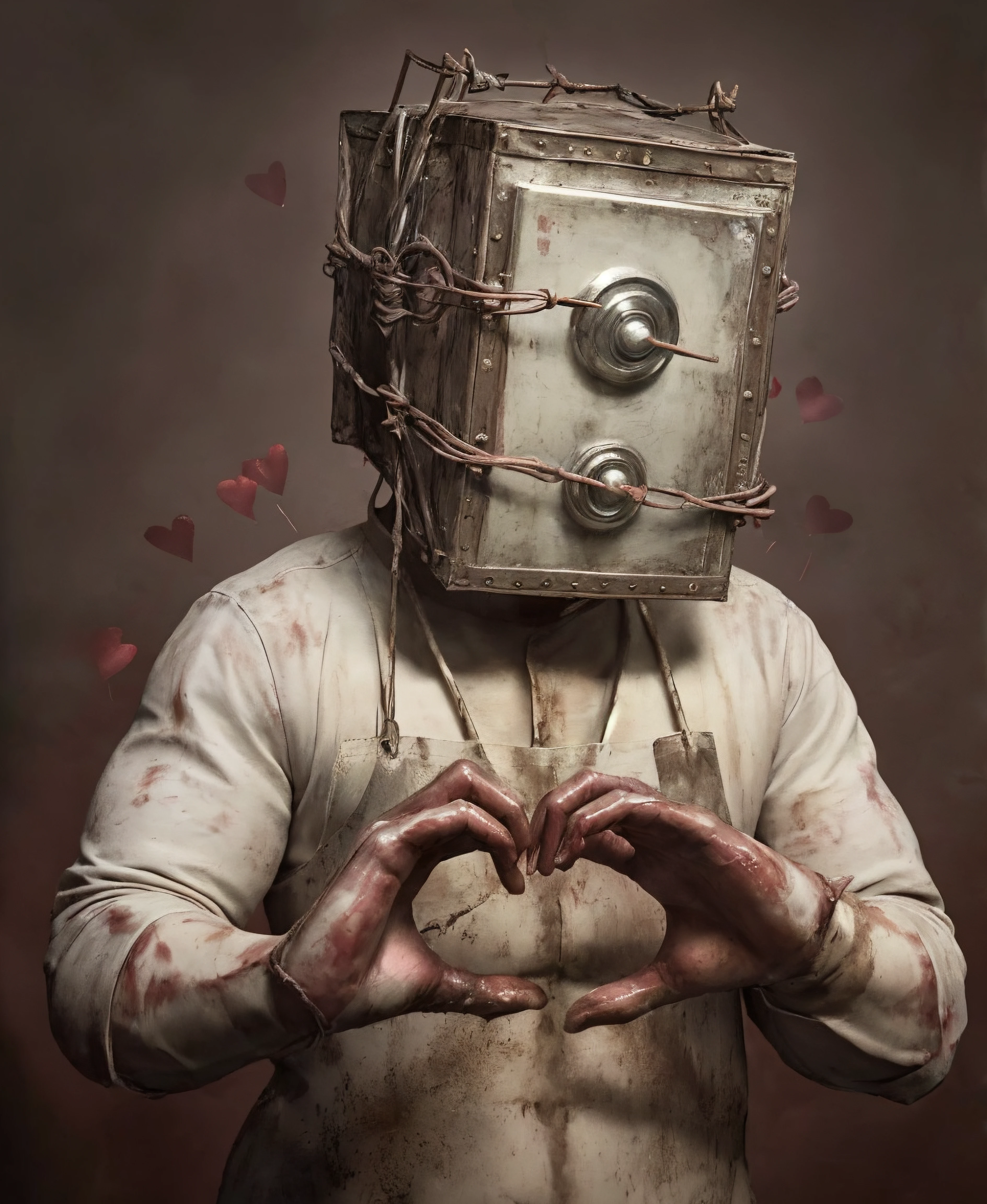 making hearts with his hands, TheKeeperTEW, 1male, butcher's outfit, box head with wire, (muscular:1), realistic, ultra realism, <lora:TheKeeperTEW:0.35>