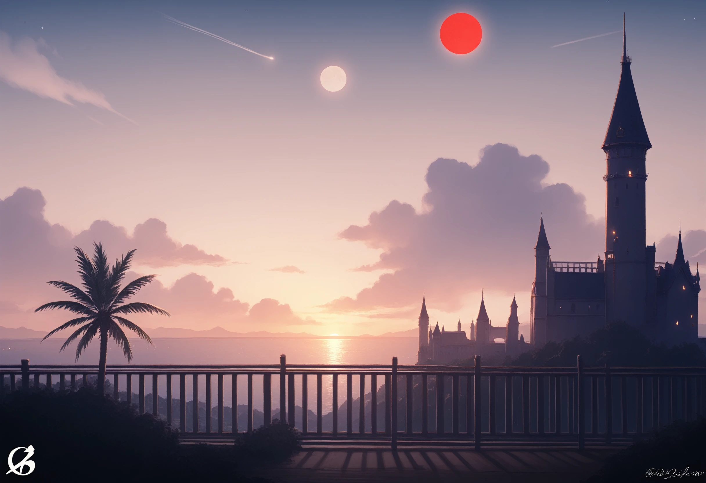 score_9, score_8_up, score_7_up, BREAK
scenery, landscape, wide shot, backlighting, tree stump, mikan jalicia, palm tree, no humans, pink sky, flying, moonlight, dark clouds, star (sky), railing, building, starry sky, outdoors, night sky, tower, red moon, moon, shore, yellow sky, cloudy sky, blue sky, blinking lights, night, castle, horizon, crescent moon, lightning bolt symbol, cloud, sky