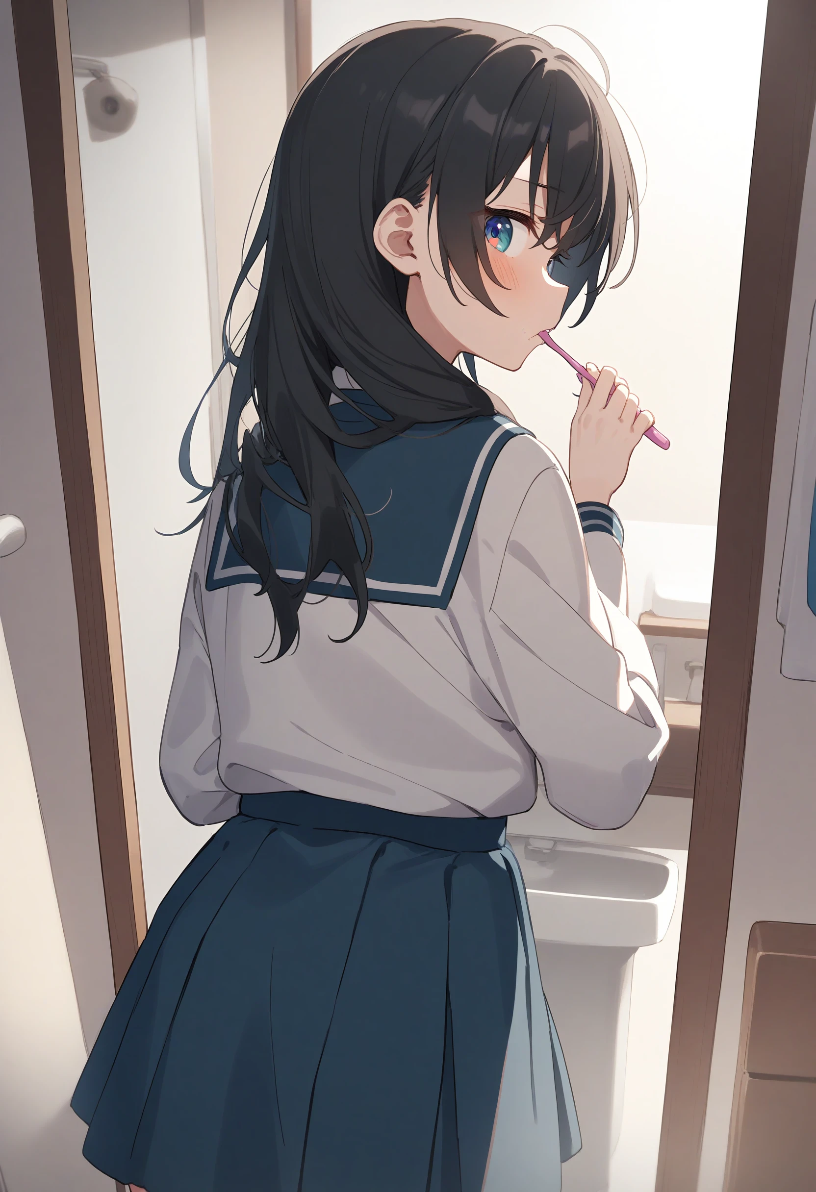 1girl,sincos, ningen mame, toosaka asagi,solo,medium breasts,school uniform,
brushing teeth,toothbrush in mouth,indoors, closed mouth, bathroom, mirror, <lora:brushingteeth_XL_v1:0.8>
from behind, cowboy shot, looking back, black hair, heterochromia,furled brow, lightly curled inwards hair,,
best quality, very aesthetic, absurdres