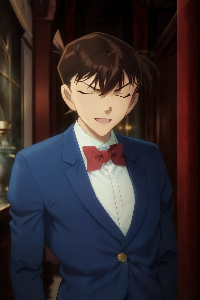 score_9, score_8_up, score_7_up, masterpiece, best quality, amazing quality, best aesthetic, ,absurdres,intricate details,male focus, solo
shinichi kudo, brown hair, blue eyes, suit, formal, blue jacket, white shirt, red bowtie, closed eyes, red bow, blurry, bowtie, bow, open mouth, jacket, short hair, indoors, collared shirt, shirt,bangs, smile, depth of field, facing viewer<lora:EMS-420465-EMS:1.000000>