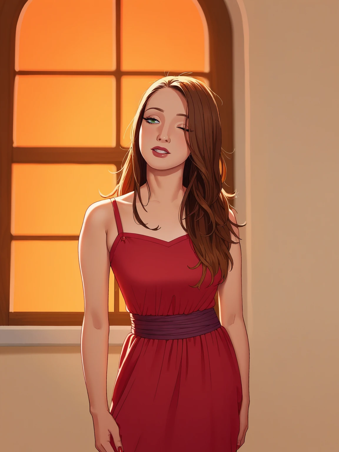 luciewilde <lora:luciewilde-pony:1>, <lora:b0j4ckXLP:1> b0j4ck, source_cartoon, score_9, score_8_up, score_7_up,  1girl, solo, long hair, brown hair, maroon Simple wrap dress