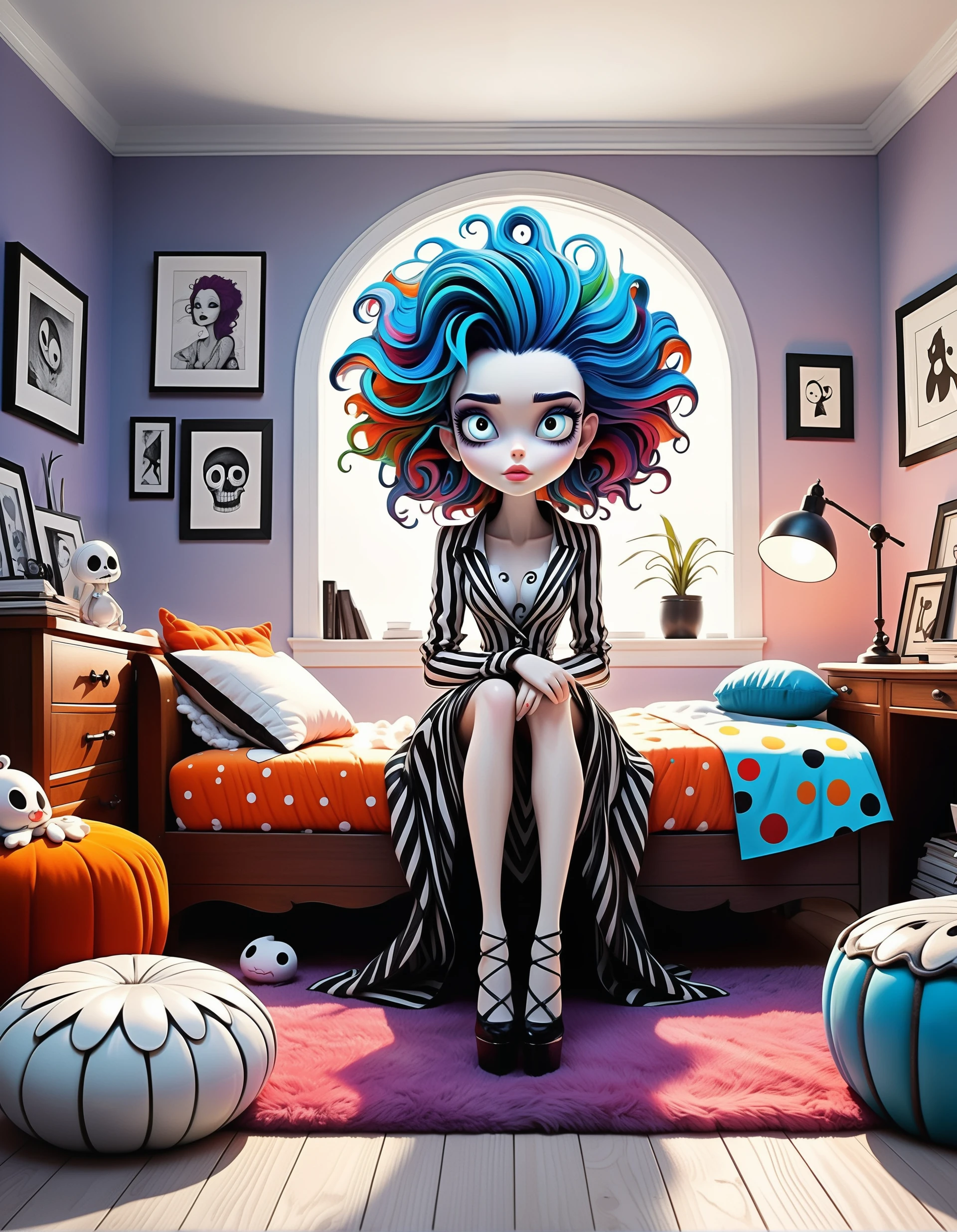 (cartoon Tim Burton art:1.45), beautiful cartoon woman, colorfull hair, cozy room