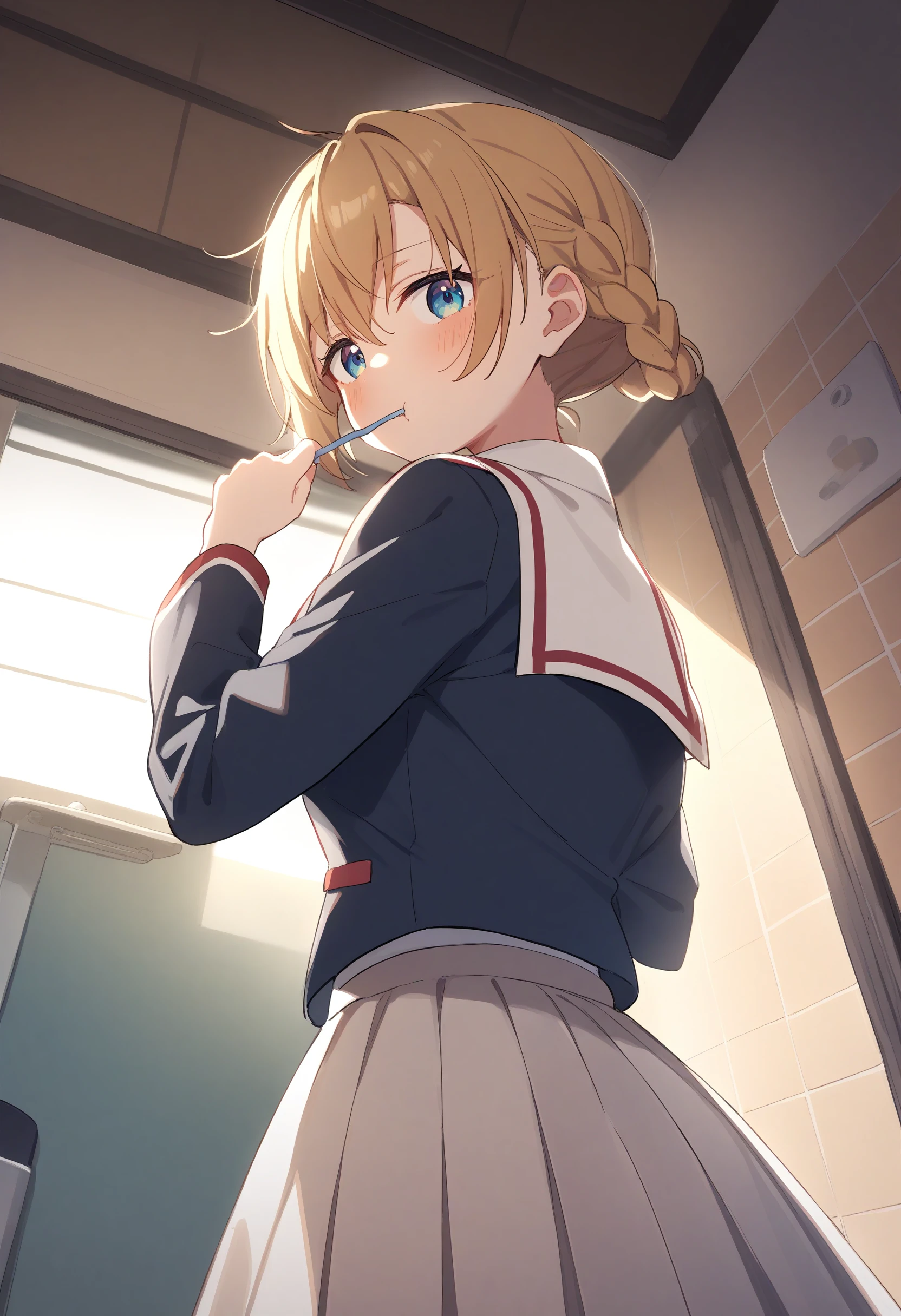 1girl,sincos, ningen mame, toosaka asagi,solo,medium breasts,school uniform,
brushing teeth,toothbrush in mouth,indoors, closed mouth, bathroom, mirror, <lora:brushingteeth_XL_v1:0.8>
from behind, fisheye lens, looking back, blonde hair, white eyes,badmood, braid hair,,
best quality, very aesthetic, absurdres