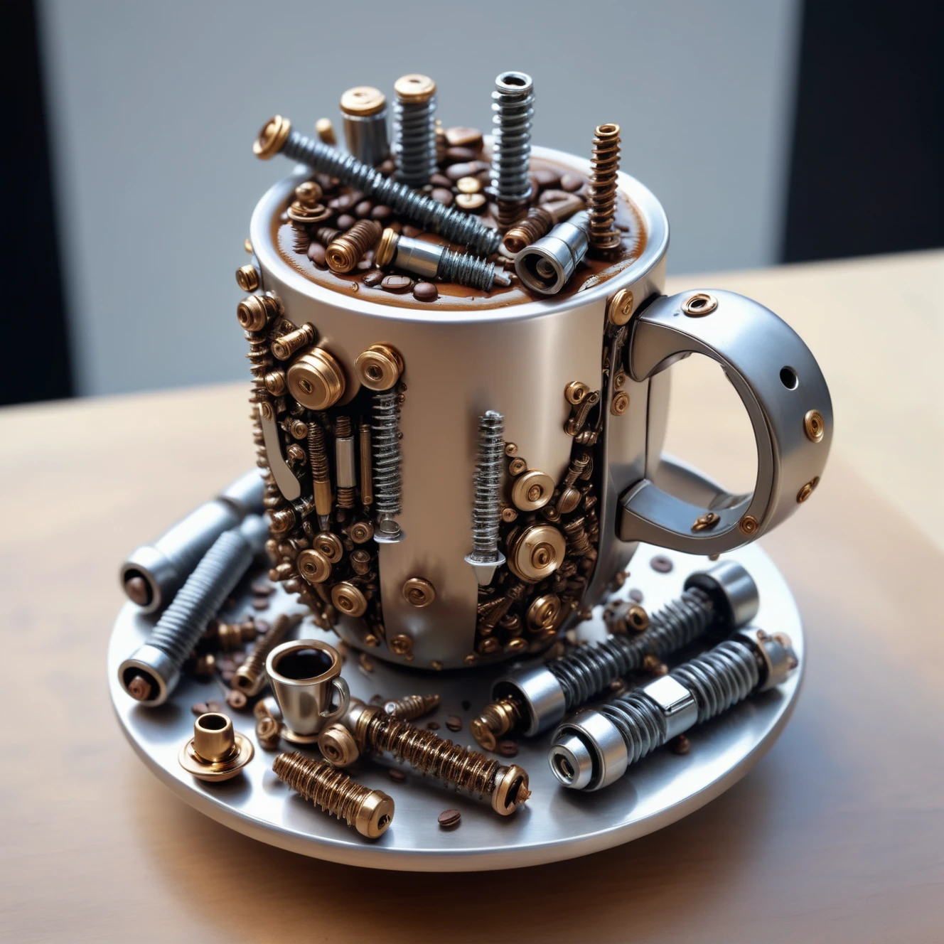 a coffee made out of Jed-Screws, photorealistic, full of details, detailed screws,   <lora:SteelScrewsStyle-000006:0.7>