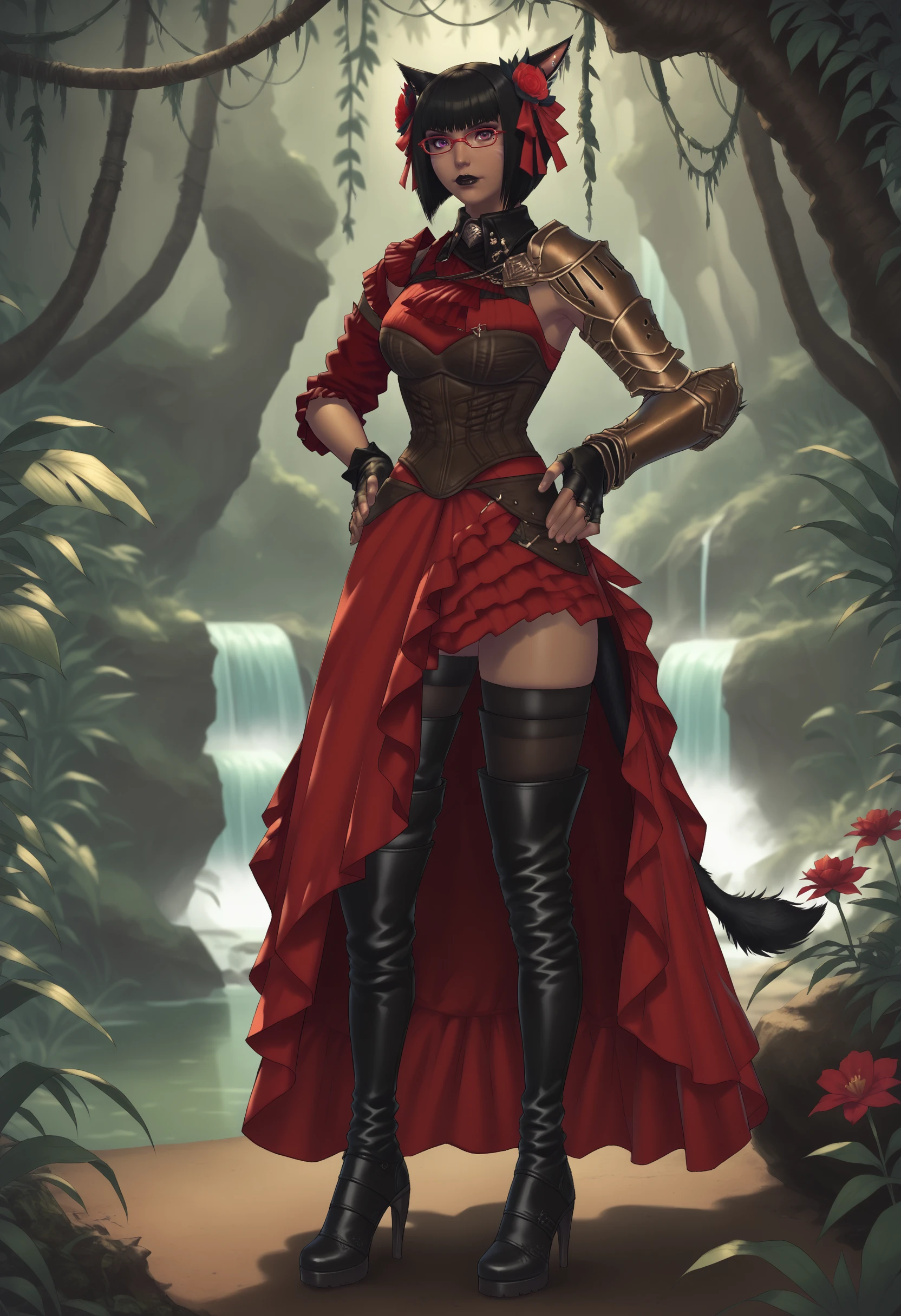 score_9, score_8_up, score_7_up, jungle, river, waterfall, 
1girl, solo, looking at viewer, standing, full body, hands on own hips, 
  <lora:Armet_Daraco_Dawntrail:1> corset, asymmetrical clothes, gloves, dress, hair ribbon, fingerless gloves, black gloves, red dress, hair flower, armor, glasses, red eyewear, high heels, boots, black thighhighs, thighhighs,  thigh boots, || armetdaraco, dark-skinned female,  miqo'te, black lipstick, short hair, bob cut,  black hair, mole under eye, facial mark,  heterochromia, purple eyes, red eyes, tail,