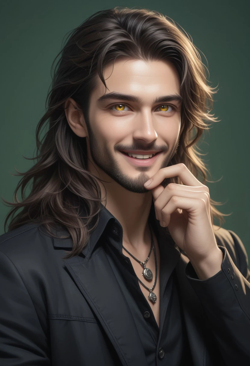 1boy, solo, male focus, facial hair, looking at viewer, simple background, jacket, upper body, jewelry, long hair, hand up, necklace, green background, black jacket, yellow eyes, black hair, smile, brown hair, shirt, beard, parody, open mouth, \m/, , hyperrealism, portrait photography, specular highlights, studio lighting, studio photography, 8k , y 8k wallpaper, ultra detailed, beautiful and aesthetic, High quality, beautiful, masterpiece, best quality, realistic BREAK  PonyXLV6_Scores