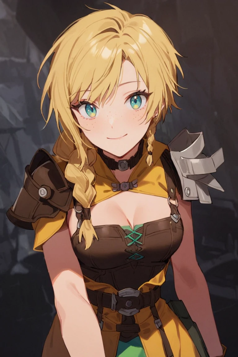 score_9, score_8_up, score_7_up, score_6_up, biancawhitaker, 1girl,solo,long hair,breasts,blueeyes,blonde hair,cleavage,medium breasts,green eyes,braid,belt,armor,twin braids,single braid,hair over shoulder,freckles,<lora:Bianca_Whitaker:0.9>, looking at viewer, light smile, <lora:add-detail-xl:1>