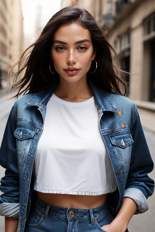 Embellished denim jacket worn over a graphic tee, paired with embroidered jeans and chunky sneakers. a breathtaking fashion photo:1.3 of  a beautiful woman <lora:MarianaNunes:1>, brown eyes, black hair, long hair, realistic, freckles, portrait, looking at the viewer, fill lighting, atmospheric, (simple background), High dynamic range, vivid, rich details, realistic, intense, enhanced contrast, highly detailed, 8k, 35mm prime lens, award-winning, professional, official balmain editorial, style of Helmut Newton:1.3, upper body shot, fcDetailPortrait SkinHairDetail