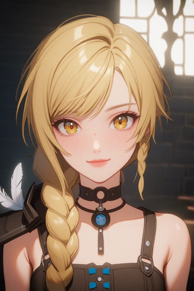 score_9, score_8_up, score_7_up, score_6_up, biancawhitaker, 1girl,solo,long hair,blonde hair,yellow eyes,braid,choker,twin braids,lips,feathers,hair over shoulder,freckles,<lora:Bianca_Whitaker:0.9>, unreal engine, looking at viewer, light smile, <lora:add-detail-xl:1>