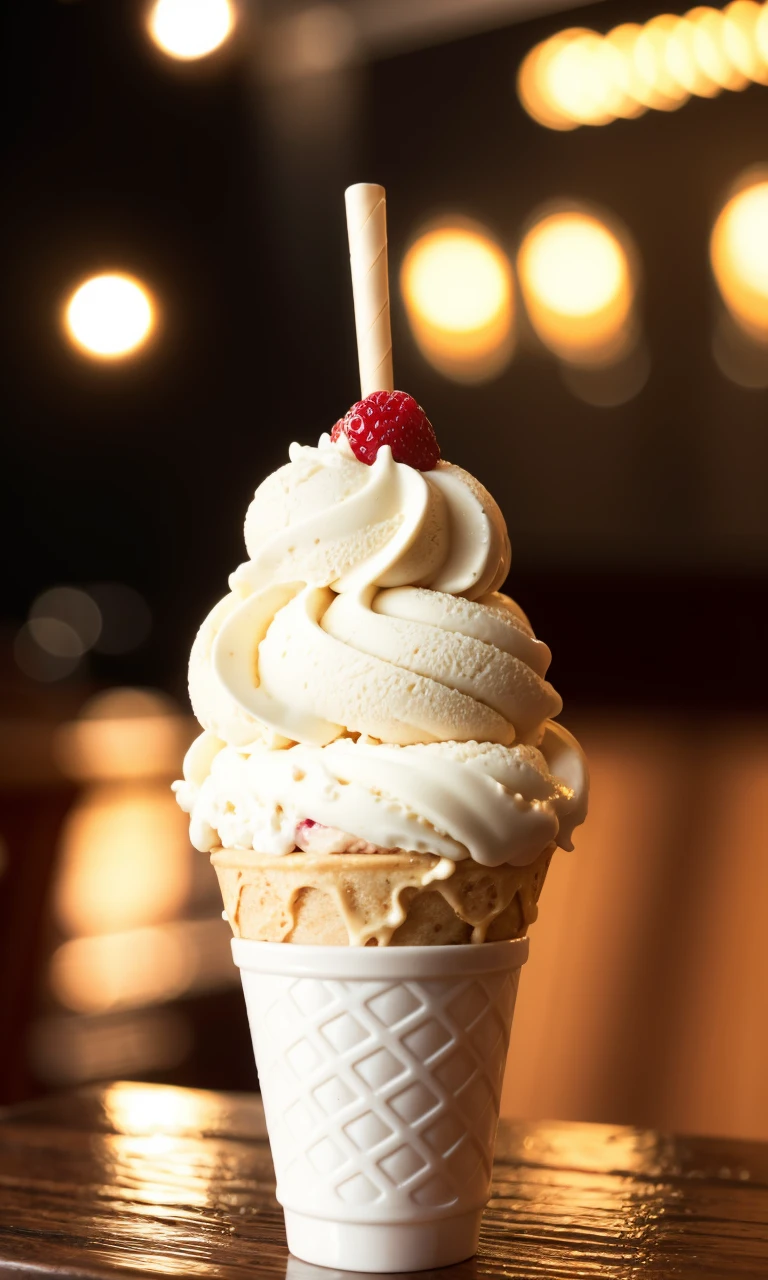 Cinematic camera perspective, delicious and tempting fruit ice cream close up restaurant background,