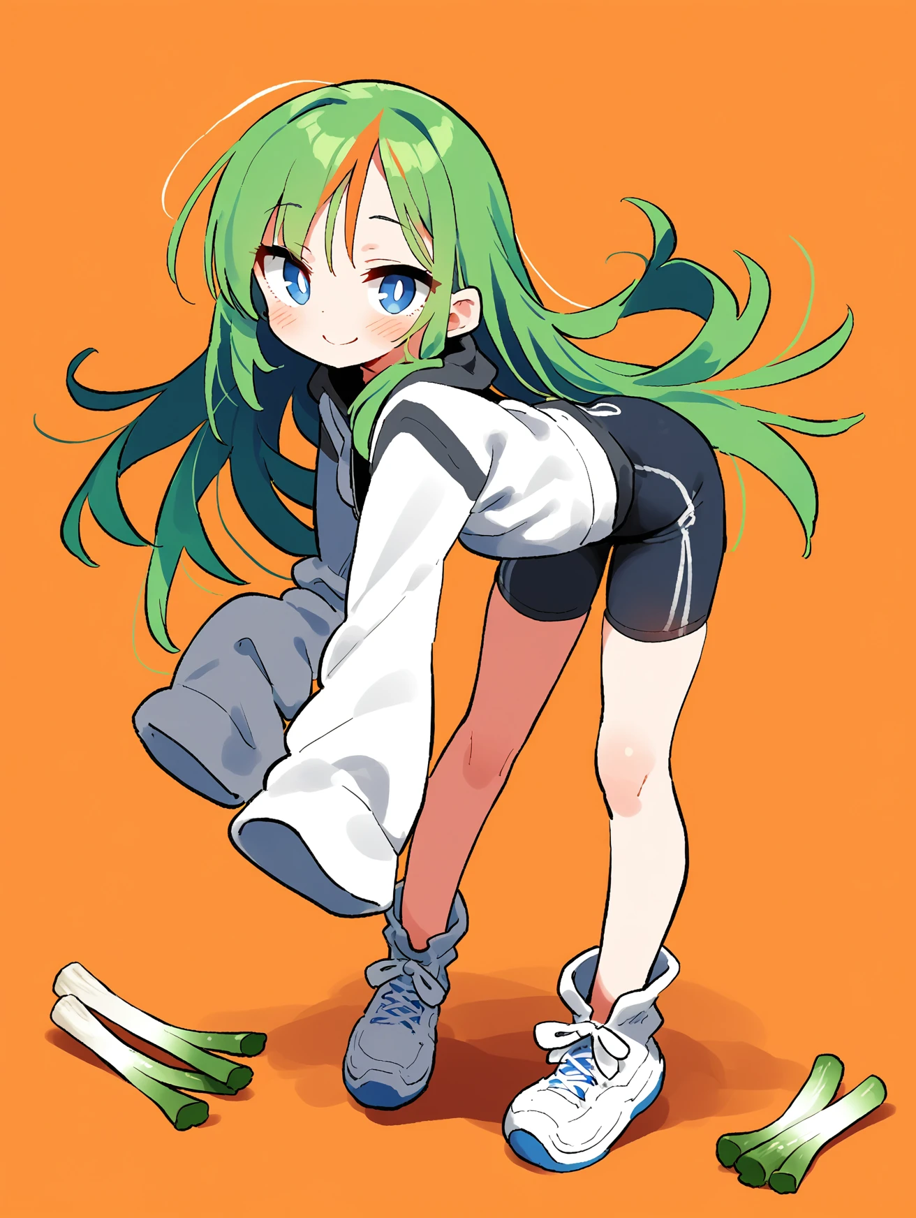 by yamada \(gotyui\), by kedama milk, by kutata, rariatto \(ganguri\), konegi \(rariatto\), original, 1girl, bent over, bike shorts, blue eyes, blush, bright pupils, floating hair, food, fruit, full body, green hair, long hair, long sleeves, looking at viewer, multicolored hair, orange background, shoes, sleeves past fingers, sleeves past wrists, smile, solo, spring onion, two-tone hair, white hair, white sleeves, uncensored, best quality, masterpiece,