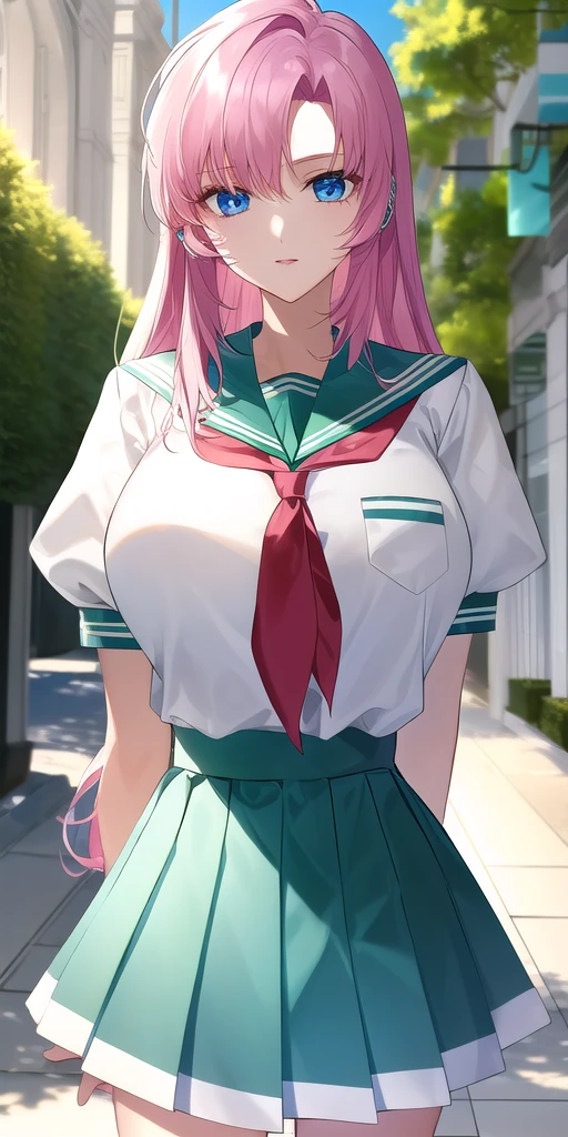 <lora:UtenaV2:0.7> utenatenjou, huge_breasts, standing, solo, arms_behind_back, starry_sky,  white_shirt_puffy_short_sleeves_green_sailor_collar_layered_skirt_green_skirt_white_skirt_pleated_skirt_red_neckerchief, masterpiece, best_quality, detailed_face, detailed_eyes, highres, beautiful, detailed, absurdres,