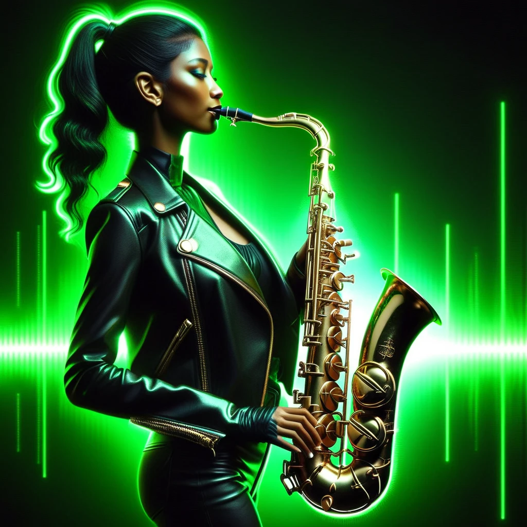 woman, SAX, neon, soundwaves, cool, realistic, music, album cover, abf_cover <lora:ABF_AlbumCover_2:1.1>, realistic,  <lora:add-detail-xl:.4>, green