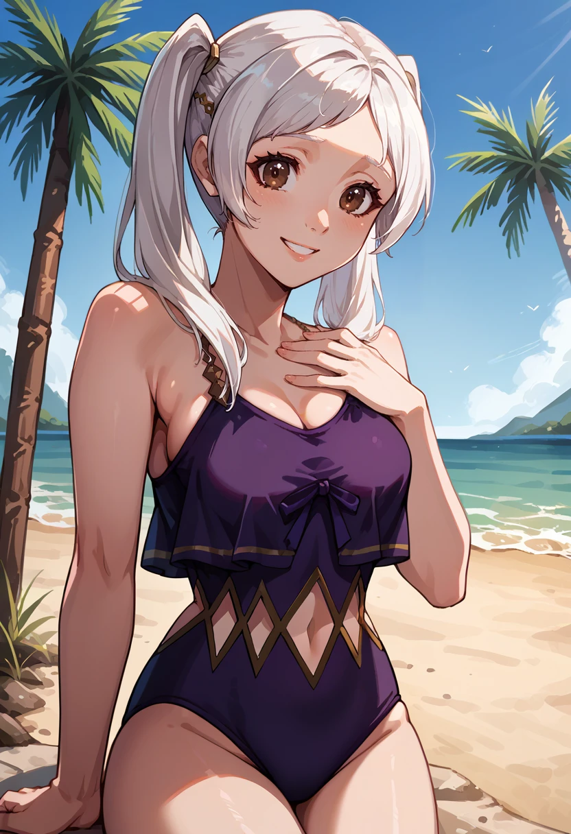 score_9, score_8_up, score_7_up, source_anime, 1girl, looking at viewer, shy, smile, hand on own chest, BREAK <lora:FEEngageSwimwear-pdxl:1> fe17swim, purple one-piece swimsuit, clothing cutout, navel cutout, medium breasts, cleavage, bare shoulders, <lora:fireemblem_femrobin_ponyXL:1> femrobindef, white hair, twintails, brown eyes, outdoors, beach, palm tree