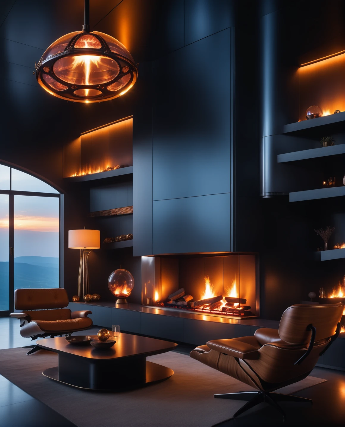 masterpiece, high quality, a  reij-ebsu living room, sunrise shines, fireplace, retro sci fi steampunk <lora:ebony sunset-000001:0.7>