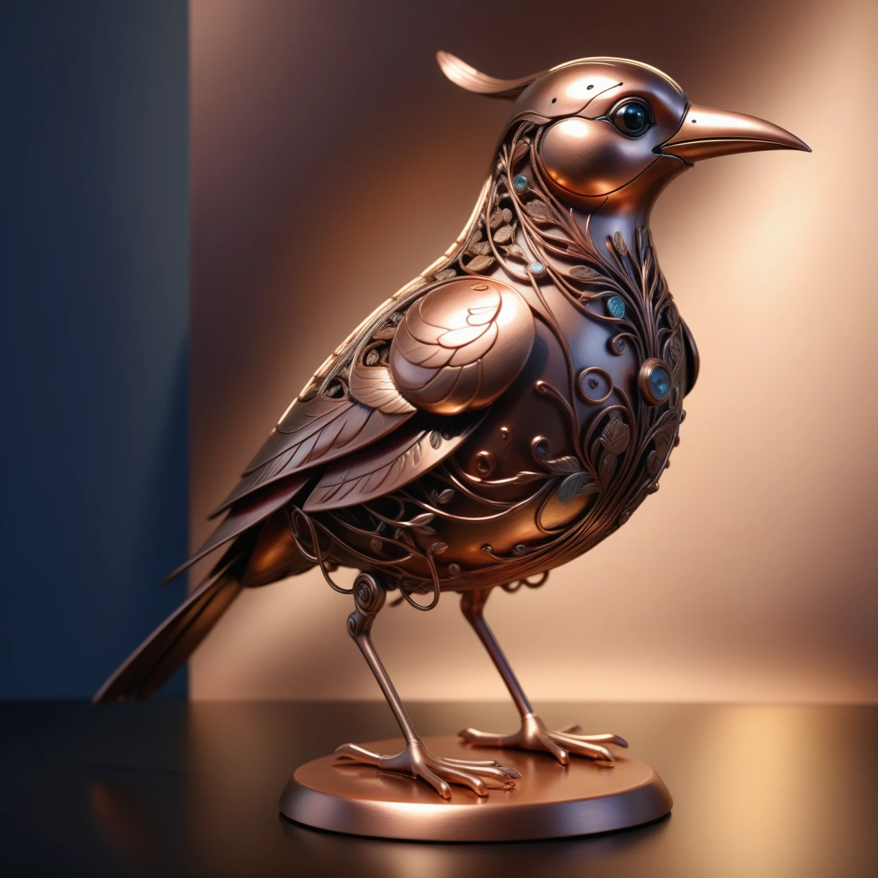 a Bird made out of Jed-ANC, masterpiece, full of details, ambient light, sharp and in focus,  <lora:ArtNouveauCopperStyle:0.7>