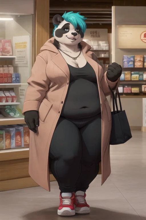 she is short(152.4 cm). Due to extra body fat,PANDA weighs r 150 pounds.
 Panda women wide as she was tall, and her hips and thighs looked like they were one solid, fat-laden leg. The pandas' black khaki pants are struggling to contain the enormous figure of the obese woman as if they are about to burst open at any moment. female panda Apple Body  her weight was settling; Belly fat, unhealthy midsection made  store, her wide hips and the panda bear belly
The standard issue white or light-colored blouse, intended to be a relaxed fit, struggled to conceal much and appeared more like a failed attempt to provide cover. for the panda Comfortable sneakers  silver  necklace around her wide and chubby neck  her double chin covered up the front part of the necklace.chubby arms were covered in a thick, black panda fur coat ,Matching the rest of the pattern, shifting in white and black on her chubby face and body.. Panda's striking blue eyes stood out against her slightly chubby cheeks, and as she smiled, her entire face lit up, highlighting her adorable chubby cheeks even more.
Tomboy.,(furry:1.4), (anthro:1.3), (snout:1.5) The woman is of shorter stature and has a full figure with thick legs, a substantial behind, and flabby arms. Her round face complements her obese body..  "Her saggy belly, fat belly, sagging_belly, double belly ng_deepnegative_v1_75t weight gain fatfur