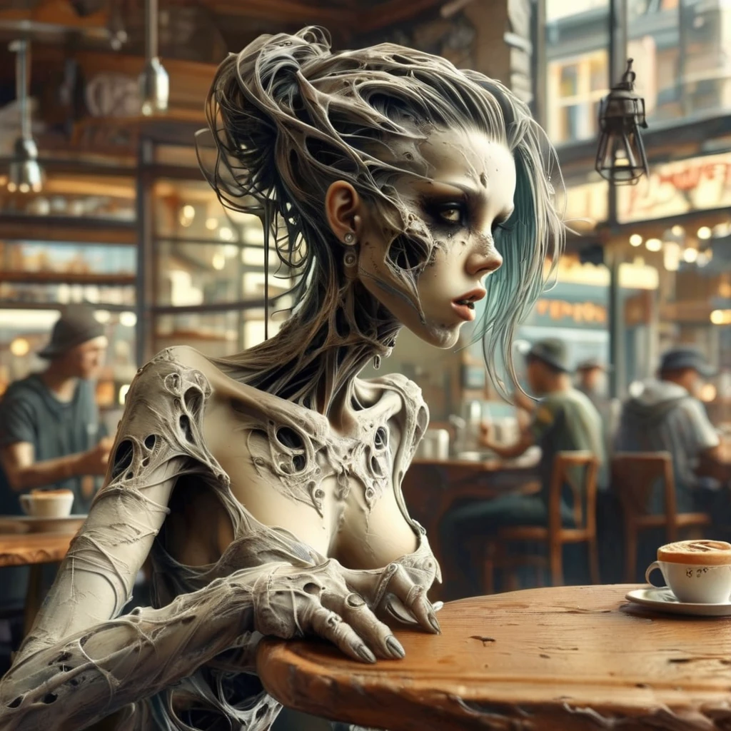mortishadow girl in a cafe in the background people at tables, very detailed <lora:mortishadow:1>