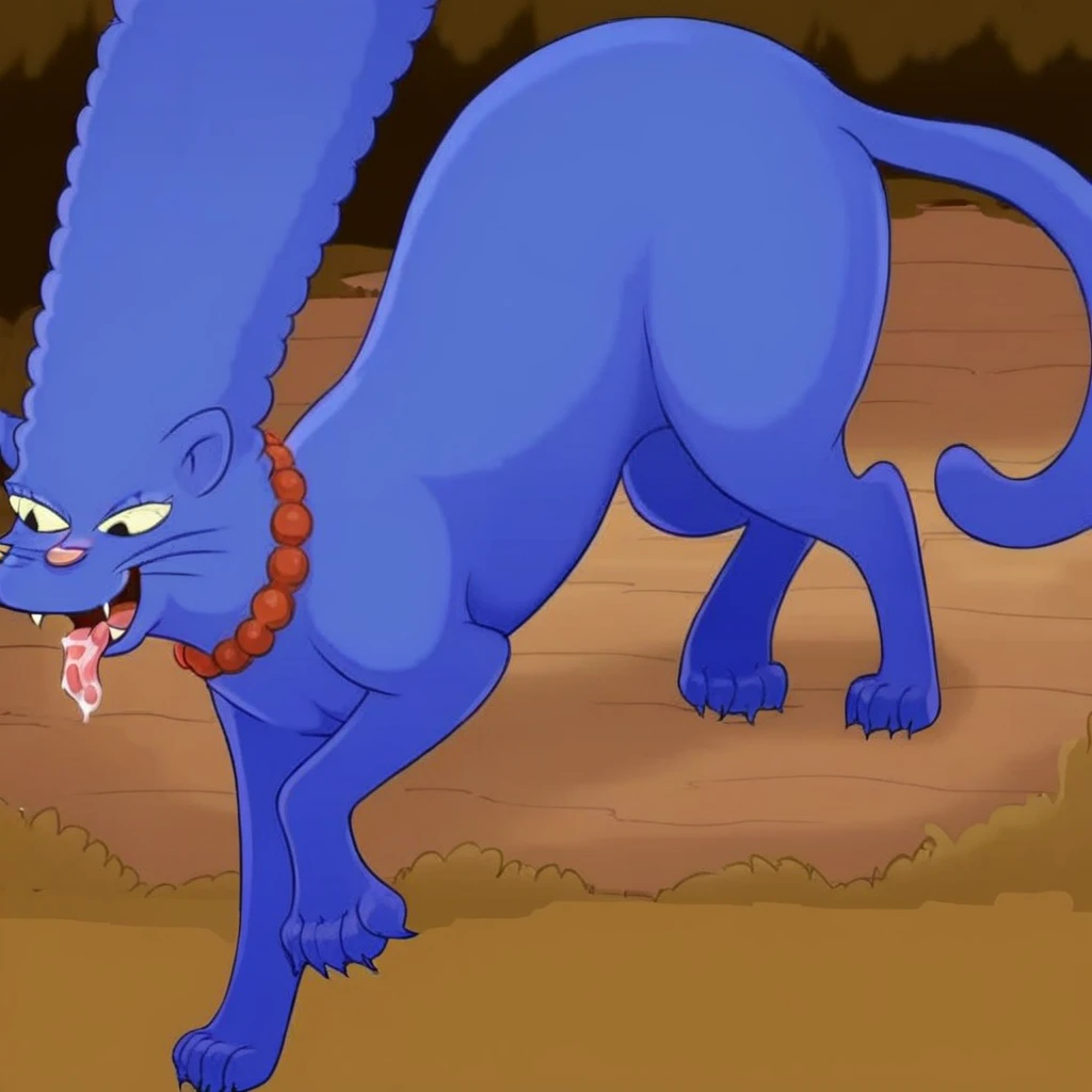 Marge Simpson, panther form, feral, blue fur, blue panther, elongated tail, animalistic pose, cartoon style, exaggerated features, standing on all fours, blue hair, beehive hairdo, red neckwear, feral, open mouth, fangs, tongue out, claws