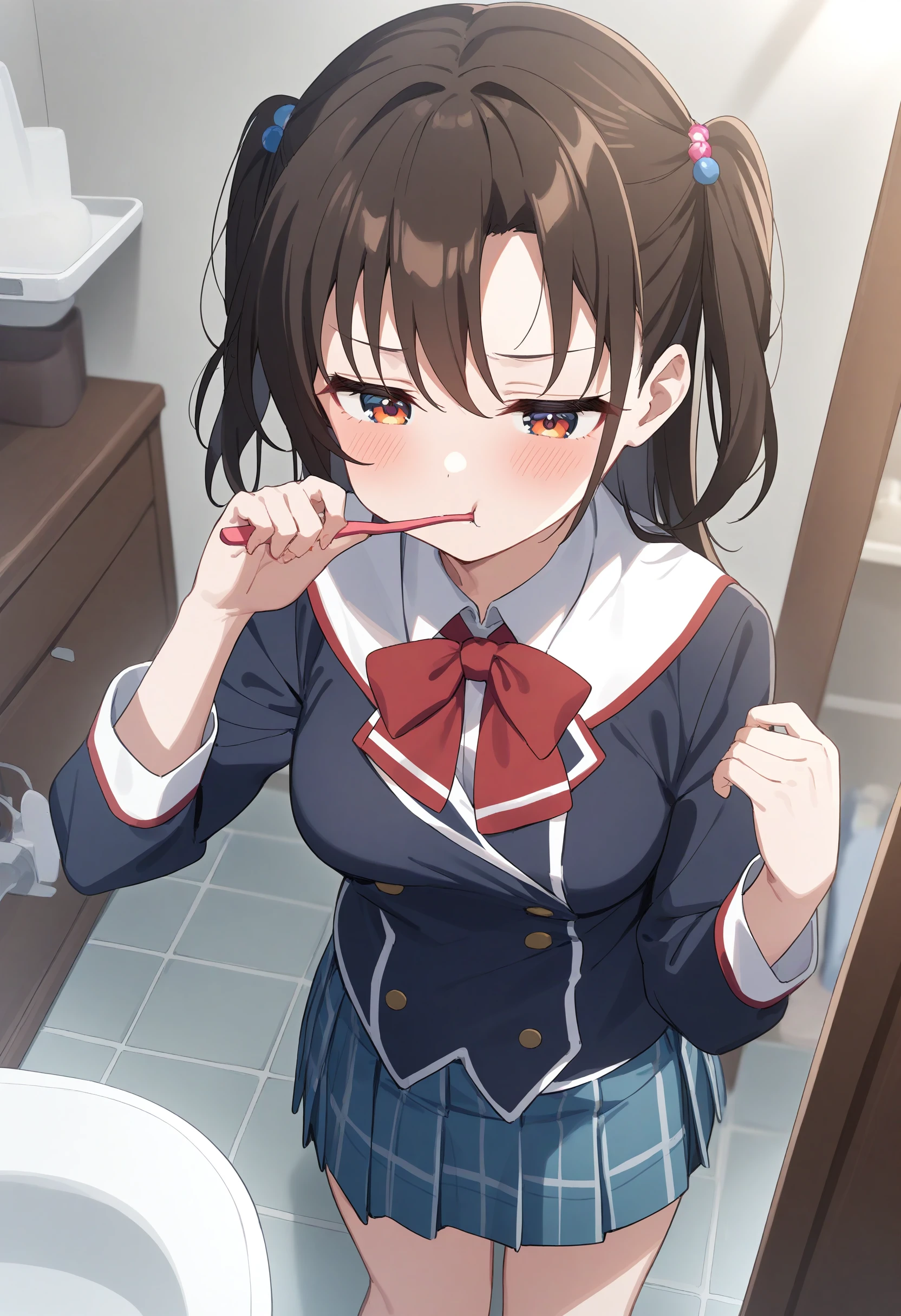 1girl,sincos, ningen mame, toosaka asagi,solo,medium breasts,school uniform,
brushing teeth,toothbrush in mouth,indoors, closed mouth, bathroom, mirror, <lora:brushingteeth_XL_v1:0.8>
from above, cowboy shot, looking away, red hair, orange eyes,facepalm, half updo hair,,
best quality, very aesthetic, absurdres