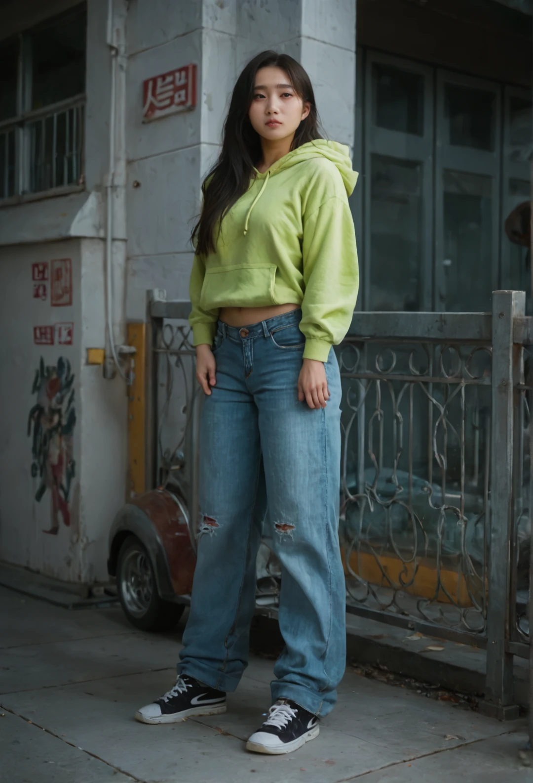 score_9, score_8_up, score_7_up, 1girl, korean, solo, hypebeast, sneakers,neon green hoodie, black hair, long hair, baggy jeans, amusement park
