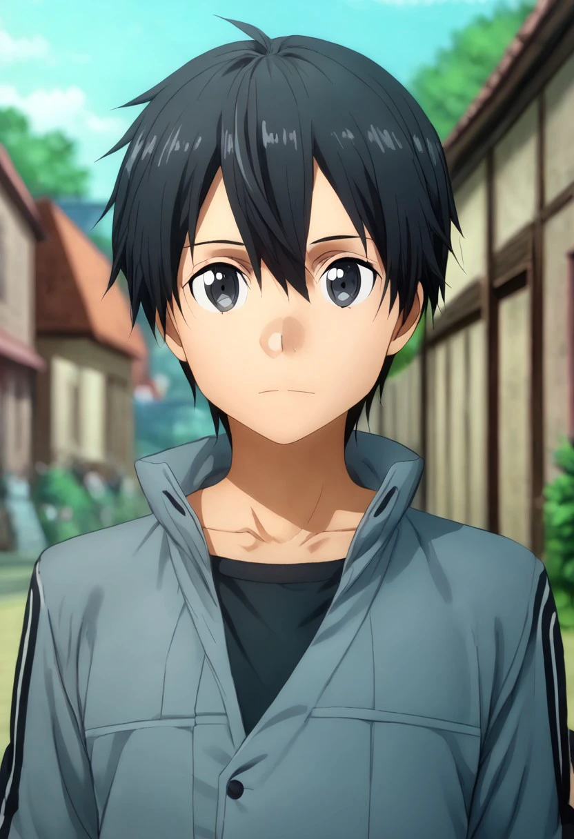 high resolution, solo, best quality, 1Boy, Kazuto Kirigaya, Black Hair, Black Eyes, portraits, proud, outdoor, Half Body, Depth Of Field,