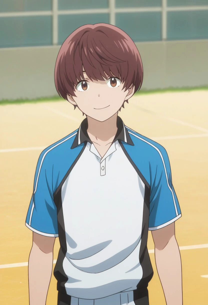 score_9, score_8_up, score_7_up, source_anime, highly detailed, 
itsuki, 1boy, solo, male focus, brown hair, shorts, upper body, brown eyes, sportswear,
standing, hand on hip, smile, short sleeves, looking at viewer, short hair, tennis uniform, white shirt, blue shirt, raglan sleeves,